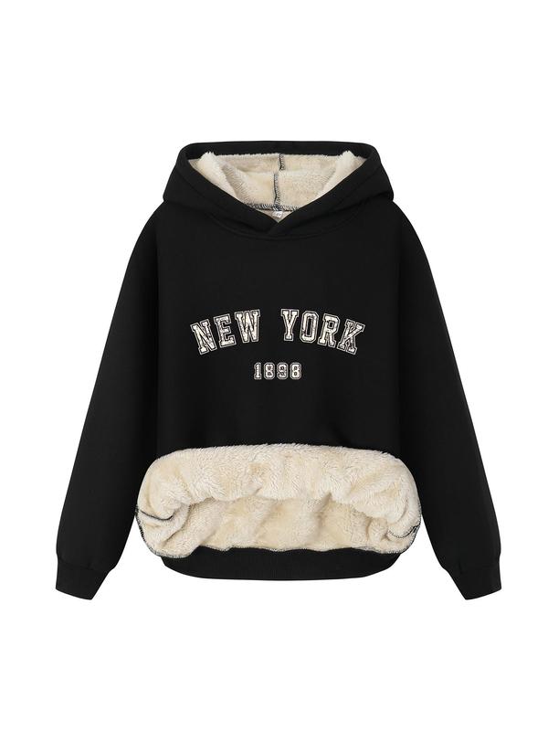 Women's Letter Print Drop Shoulder Thermal Lined Hoodie, Essential Hoodies, Fashion Casual Long Sleeve Hooded Sweatshirt for Daily Outdoor Wear, Women Fall & Winter Clothes, Downtown Girl Clothes Essentials Hoodie