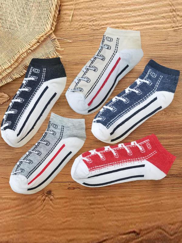 Women's 5 Pairs Colorblock Shoe Print Ankle Socks, Summer 2024 Low Cut Comfy Breathable Socks for Women Summer Wear, Women's Socks & Hosiery