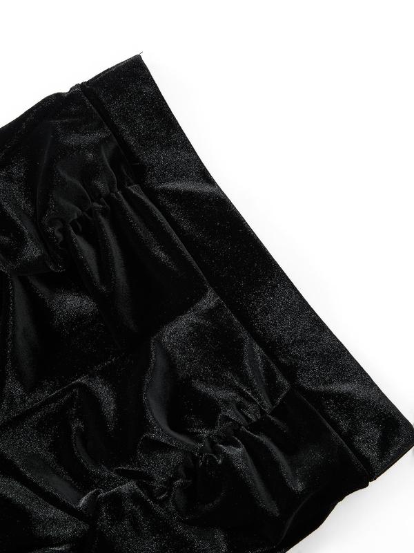 Women's Contrast Lace Ruched Velvet Shorts without Waist Belt, Goth Asymmetrical Hem High Waist Skinny Shorts for Party Holiday Vacation, Girly Clothing, Ladies Bottoms for All Seasons, Shorts for Women