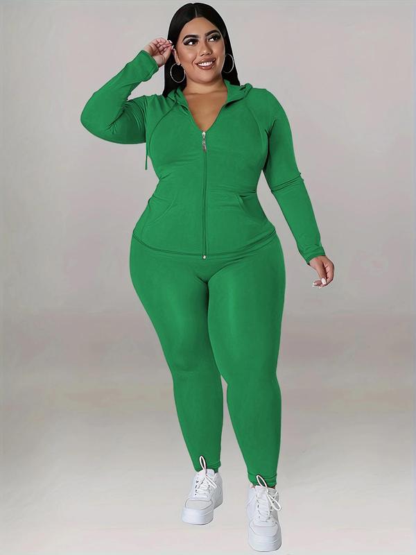 Plus Size Basic Solid Zip Up Hooded Top & Skinny Pants Set, Longsleeves Hooded Outerwear & Trousers for Women, Outfits for Spring & Fall, Minimalist Matching Sets for Lady