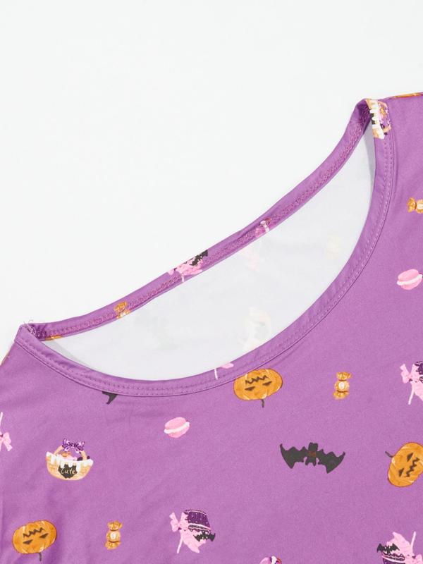Cartoon Pumpkin & Bat Print Drop Shoulder Nightdress, Casual Comfy Halloween Short Sleeve Round Neck Nightgown for Women, Women's Sleepwear for All Seasons
