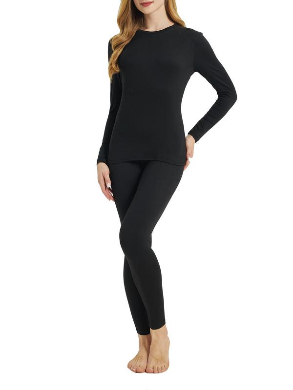 Women's Solid Thermal Lined Underwear Two-Piece Set, Casual Comfy Warm Round Neck Long Sleeve Top & Leggings for Fall & Winter, Ladies Thermal Underwear for Daily Wear