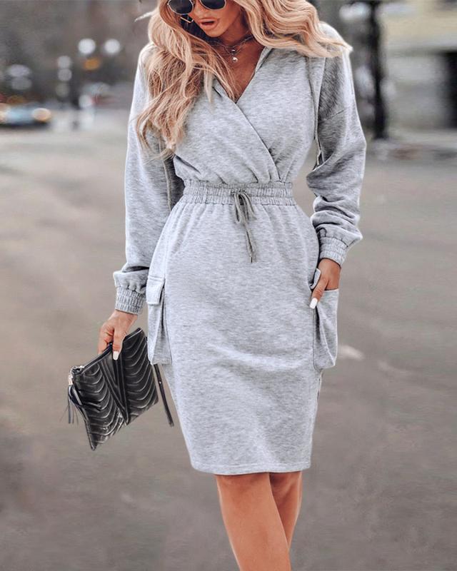 ChicMe Women's Long Sleeve Sweatshirt Dress Drawstring Waist Hoodie Dress with Flap Pockets Pullover Casual Dress