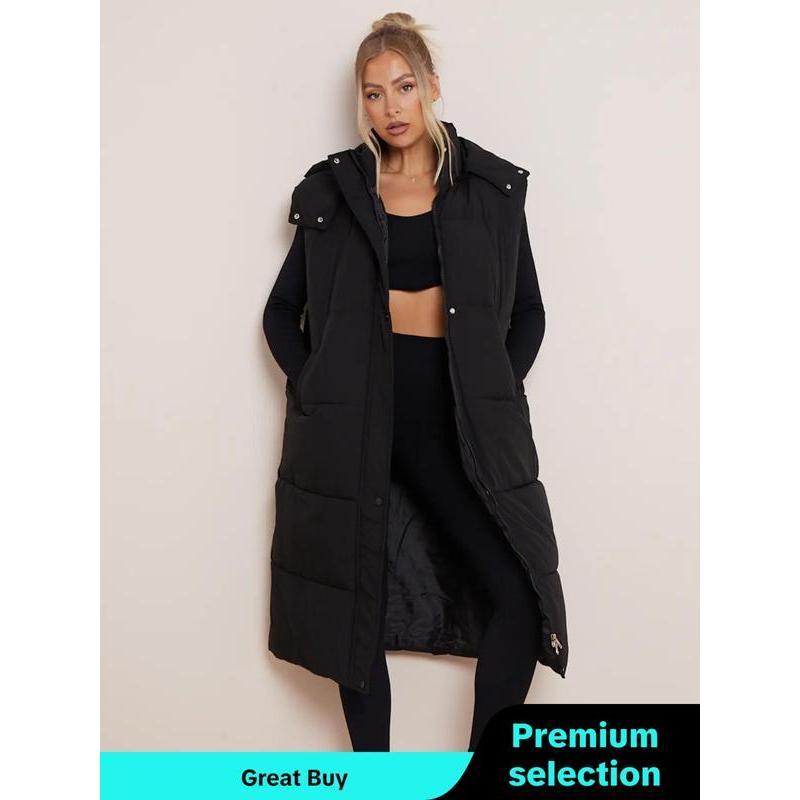 Womenswear Solid Button Front Hooded Winter Vest Coat, Comfort Pocket Design Longline Waistcoat for Fall & Winter, Minimalist Clothing for Daily Wear, Going Out Outfits