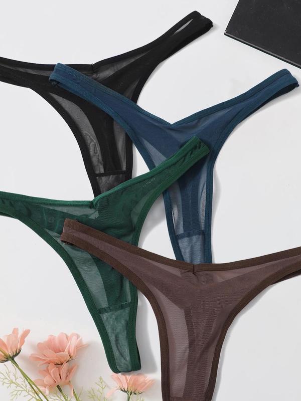 Women's Solid Color Sheer Thong, Soft Comfy Breathable Drop Waist Panty for Daily Wear, Women's Underwear for All Seasons