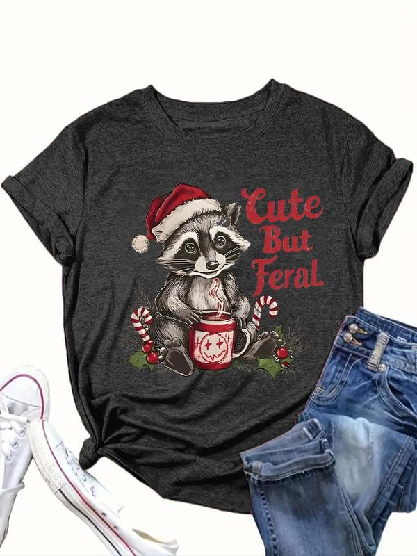  Cartoon Raccoon & Letter Print Round Neck Tee, Casual Short Sleeve Crew Neck T-Shirt for Summer, Women's Clothing for Daily Wear