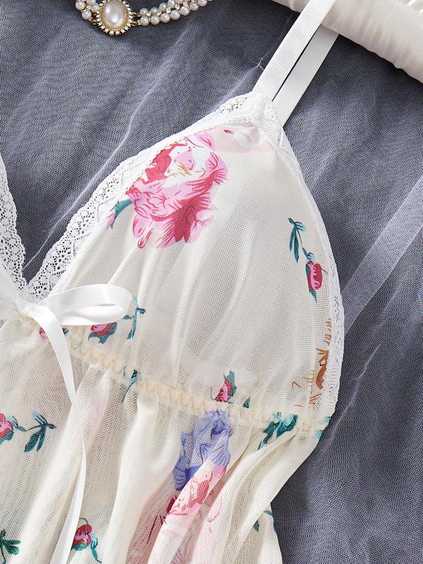 Women's Floral Print Lace Trim Bow Front Cami Nightdress & Sheer Thong Set, Casual Sweetheart Neck Ruffle Hem Nightgown & Panty, Summer Mesh Sleepwear