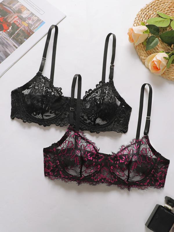 Women's 2pcs Floral Print Lingerie Set, Adjustable Spaghetti Strap Push Up Bra, Soft Comfy Breathable Lingerie Set For All Seasons