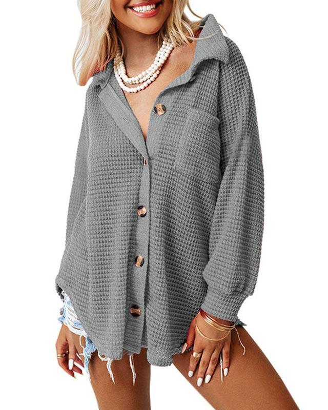 Dokotoo Womens Waffle Knit Shacket Jacket Casual Long Sleeve Button Down Shirts Dressy Blouses Tops