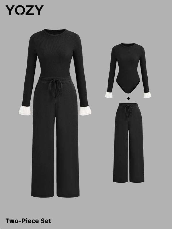 YOZY Two-Piece Set Women's Colorblock Layered Flounce Sleeve Bodysuit & Plain Tie Front Pants, Casual Round Neck Long Sleeve Bodysuit & Wide Leg Trousers 2 Piece Set for Spring & Fall, Women's Clothes for Daily Wear