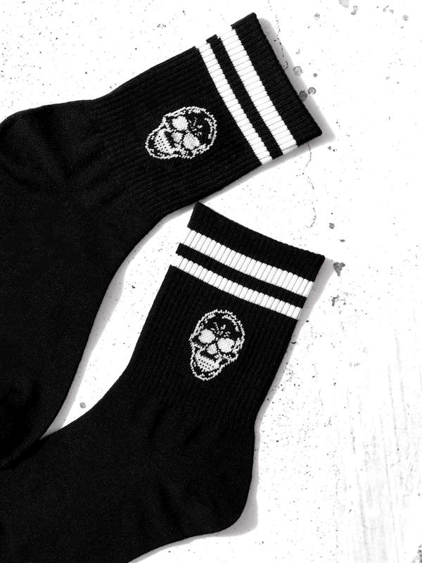 Women's 1 Pair Skull & Striped Pattern Crew Socks, Sporty Casual Mid-calf Socks, Ribbed Knit Socks for Women, Women's Socks & Hosiery
