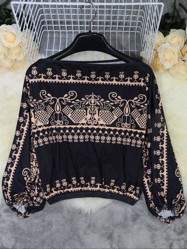 Women's Ethnic Pattern Off Shoulder Tee, Boho Bishop Sleeve Top for Daily Holiday Vacation Wear, T Shirts for Women, Ladies Clothes for All Seasons