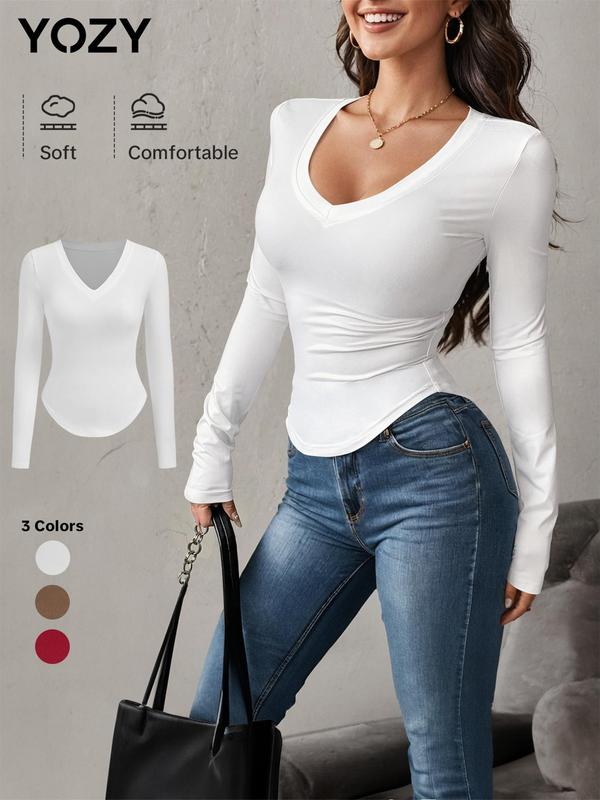 YOZY Women's Plain V Neck Long Sleeve Tee, Casual Solid T-shirt for Spring & Fall, Women's Top for Daily Wear