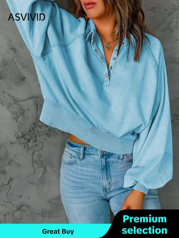 Women's Button Front Raglan Sleeve Sweatshirt, Casual Plain Long Sleeve Collared Pullover, Fall Clothes, Ladies' Clothes for Fall & Winter, Fall Outfits, Fallfreshness, Downtown Girl Clothes