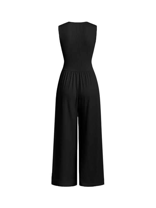 Women's Mock Neck Sheer Floral Lace Tee &  Ruched Deep V Neck Jumpsuit Two-piece Set, Elegant Fashion Casual Long Sleeve T-shirt  &  Sleeveless Wide Leg Jumpsuit for Daily Outdoor Wear, Ladies Outfits for Summer