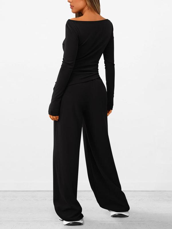 Women's Solid Boat Neck Long Sleeve Tee & Drawstring Waist Wide Leg Pants Loungewear Two-piece Set, Casual Comfy Pyjama Set for Women, Women's Sleepwear for Spring & Fall