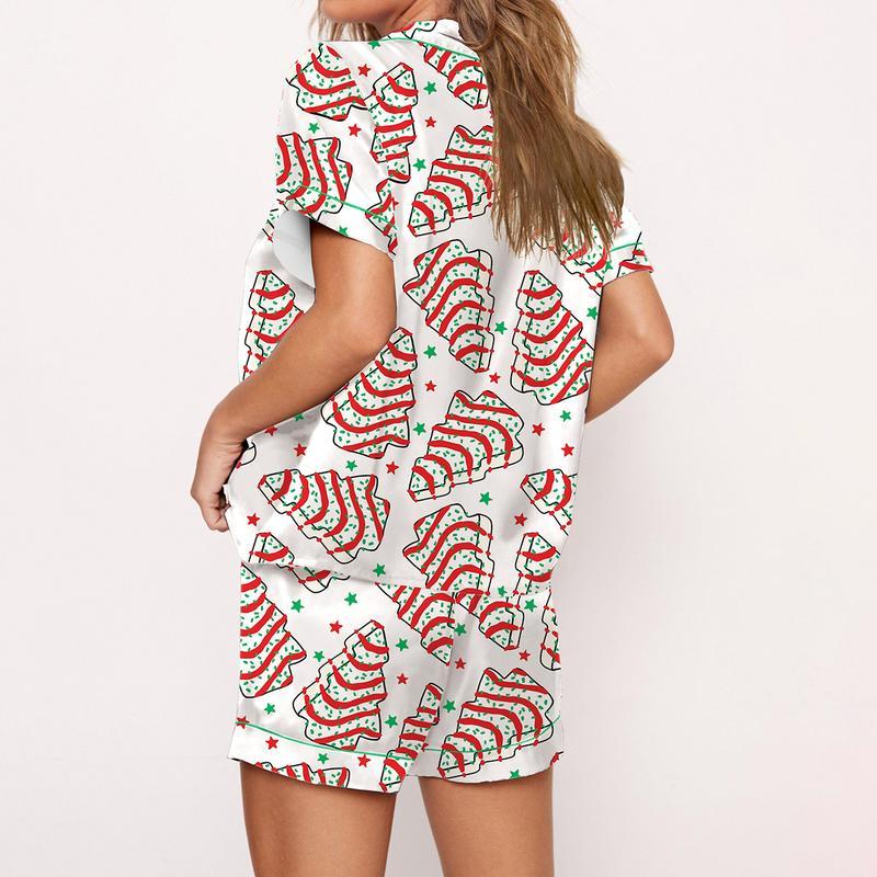 Christmas Tree Cakes Pajama Set For Women Print Comfy Satin Sleepwear & Loungewear Pjs Printing Silky Set - Bottoms Without Pockets - SHESHOW