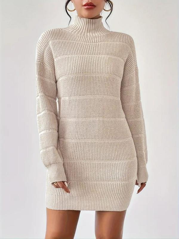 Women's Textured Drop Shoulder Sweater Dress without Belt, Elegant Long Sleeve High Neck Jumper Dress for Spring & Fall, Women's Knitwear for Daily Wear Turtleneck