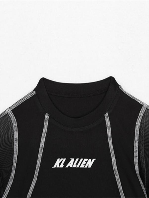 Women's Letter Print Contrast Mesh Sheer Thong Design Bodysuit, Street Fashion Button Long Sleeve Round Neck Bodysuit for Summer, Ladies Clothes for Daily Wear