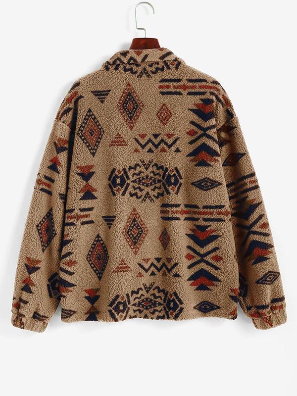 Women's Tribal Print Drop Shoulder Pocket Zipper Plush Sweatshirt, Casual Long Sleeve Collared Teddy Top for Fall & Winter, Women's Clothes for Daily Wear, Fall Outfits 2024