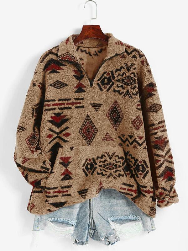 Women's Tribal Print Drop Shoulder Pocket Zipper Plush Sweatshirt, Casual Long Sleeve Collared Teddy Top for Fall & Winter, Women's Clothes for Daily Wear, Fall Outfits 2024
