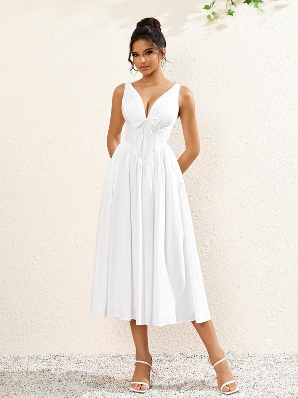 Women's Plain Backless Tie Front A Line Dress, Elegant Deep V Neck Sleeveless Zipper Back Long Dress for Party Holiday Wedding Guest, Ladies Summer Clothes