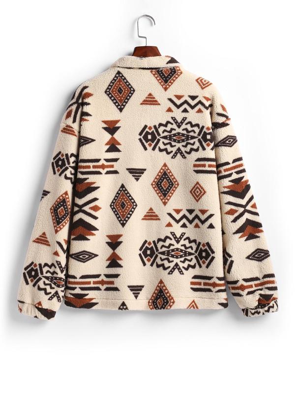 Women's Tribal Print Drop Shoulder Pocket Zipper Plush Sweatshirt, Casual Long Sleeve Collared Teddy Top for Fall & Winter, Women's Clothes for Daily Wear, Fall Outfits 2024