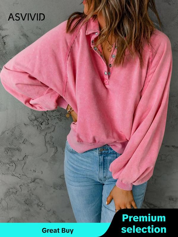 Women's Button Front Raglan Sleeve Sweatshirt, Casual Plain Long Sleeve Collared Pullover, Fall Clothes, Ladies' Clothes for Fall & Winter, Fall Outfits, Fallfreshness, Downtown Girl Clothes