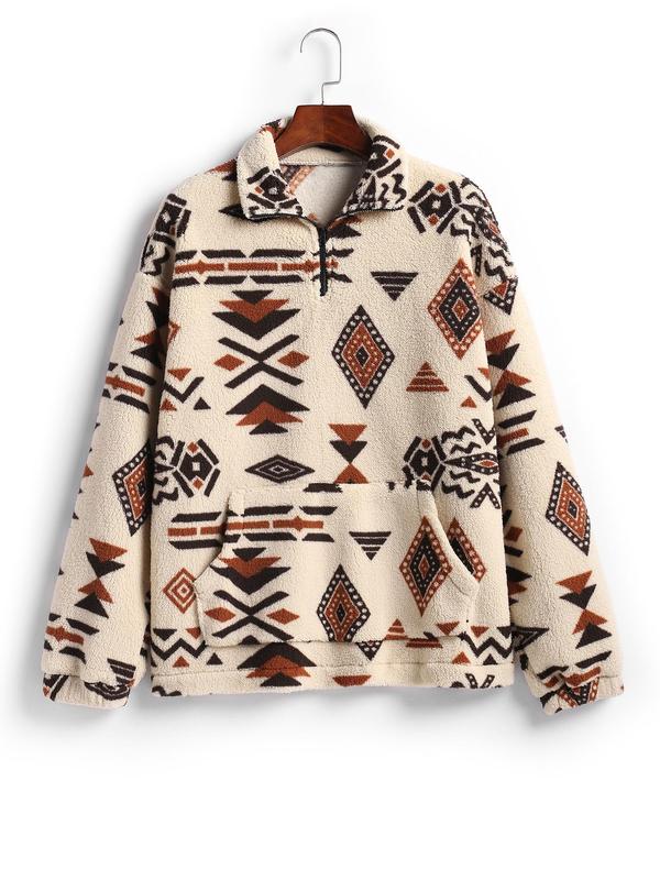 Women's Tribal Print Drop Shoulder Pocket Zipper Plush Sweatshirt, Casual Long Sleeve Collared Teddy Top for Fall & Winter, Women's Clothes for Daily Wear, Fall Outfits 2024