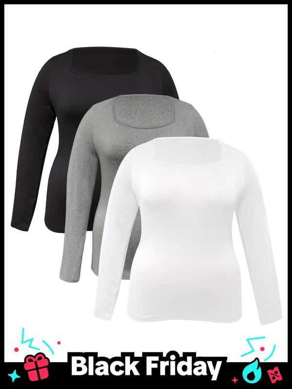 Plus Solid Long Sleeve Square Neck Tee, T Shirts for Women, Casual Comfy T-shirt for Spring & Fall, Women's Plus Size Clothes for Daily Wear, Trendy Casual Outfits 2024