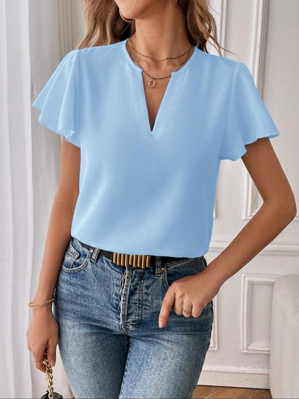 Women's Plain Notched Neck Blouse, Elegant Butterfly Sleeve Top for Summer, Ladies Clothes for Daily Wear
