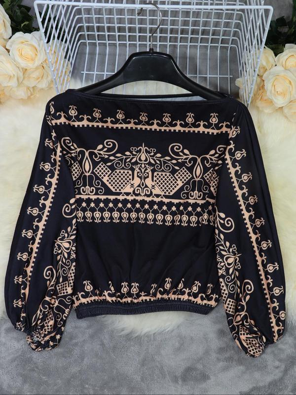 Women's Ethnic Pattern Off Shoulder Tee, Boho Bishop Sleeve Top for Daily Holiday Vacation Wear, T Shirts for Women, Ladies Clothes for All Seasons
