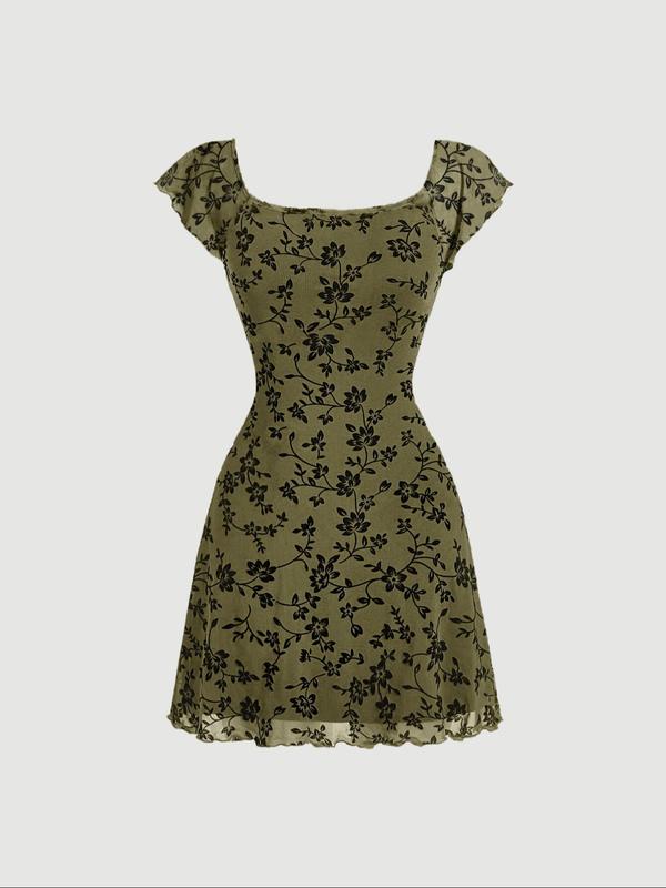 Women's All Over Floral Print Lettuce Trim Square Neck A Line Dress, Y2K Casual Cap Sleeve Short Dress for Daily Wear, Ladies Clothes for All Seasons Casual Wear