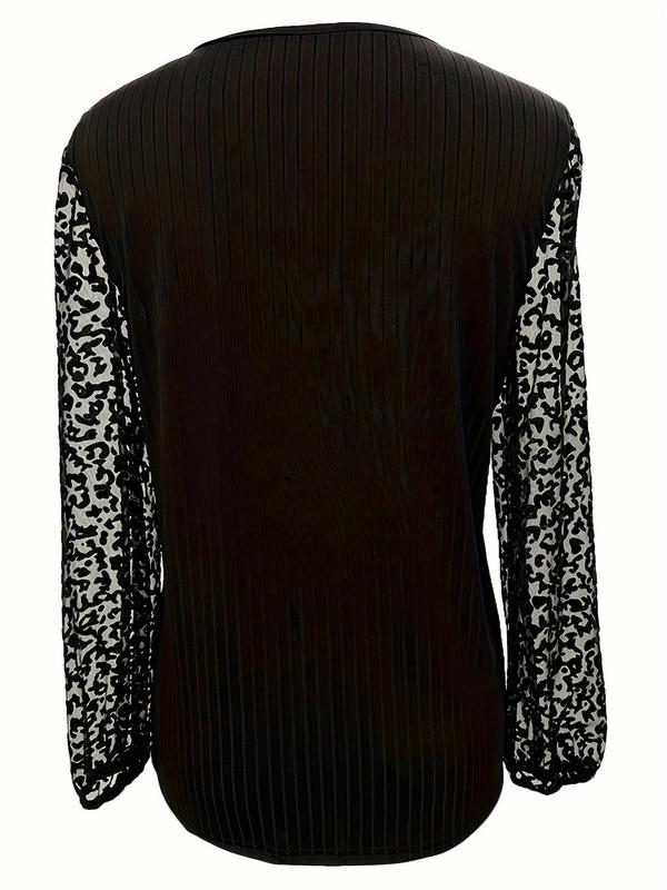 Women's Leopard Print Contrast Mesh Sheer Bishop Sleeve Tee, Elegant V Neck Long Sleeve T-shirt for Spring & Fall, Ladies Clothes for Daily Wear