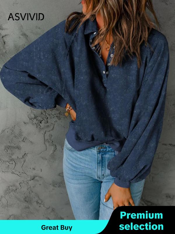 Women's Button Front Raglan Sleeve Sweatshirt, Casual Plain Long Sleeve Collared Pullover, Fall Clothes, Ladies' Clothes for Fall & Winter, Fall Outfits, Fallfreshness, Downtown Girl Clothes