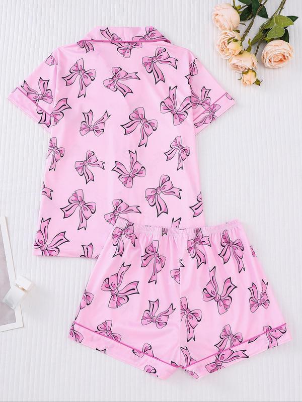 Women's All Over Bow Print Contrast Binding Lapel Shirt & Elastic Waist Shorts Pyjama, Casual Comfy Short Sleeve Pocket Top & Shorts PJ Set, Ladies Sleepwear for All Seasons