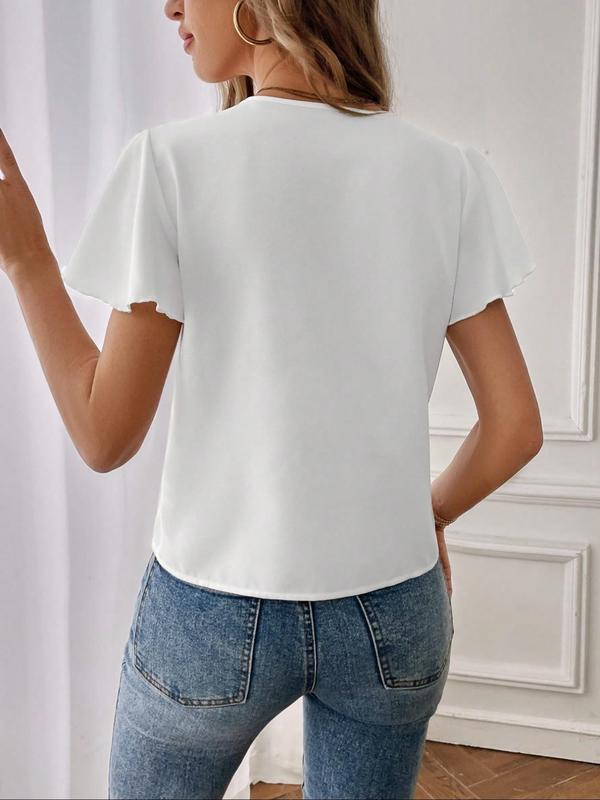 Women's Plain Notched Neck Blouse, Elegant Butterfly Sleeve Top for Summer, Ladies Clothes for Daily Wear
