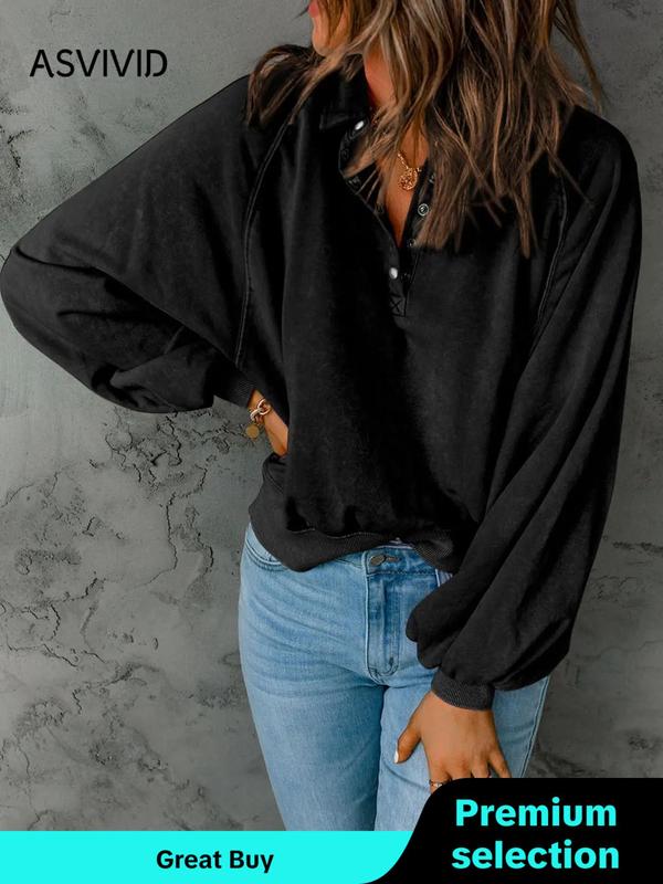 Women's Button Front Raglan Sleeve Sweatshirt, Casual Plain Long Sleeve Collared Pullover, Fall Clothes, Ladies' Clothes for Fall & Winter, Fall Outfits, Fallfreshness, Downtown Girl Clothes