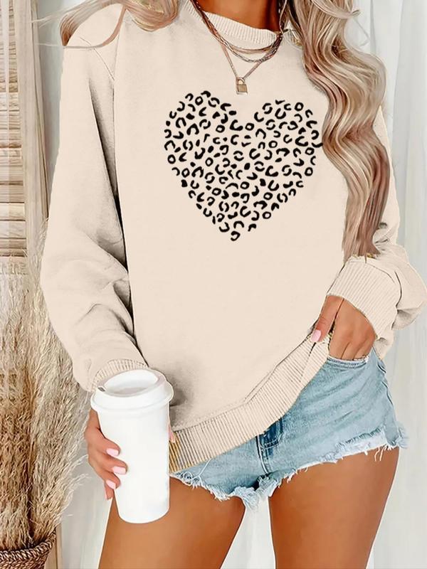 Women's Heart & Leopard Print Drop Shoulder Crewneck Sweatshirt, Comfort Casual Longsleeves Round Neck Pullover for Lady Fall & Winter, Gifts for Girlfriends, Womenswear