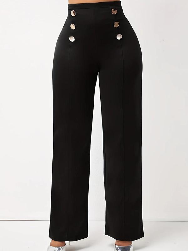  Solid Fake Double Buttons High Waist Wide Leg Pants, Casual Comfy Trousers for Daily Outdoor Wear, Women Clothing for Fall & Winter