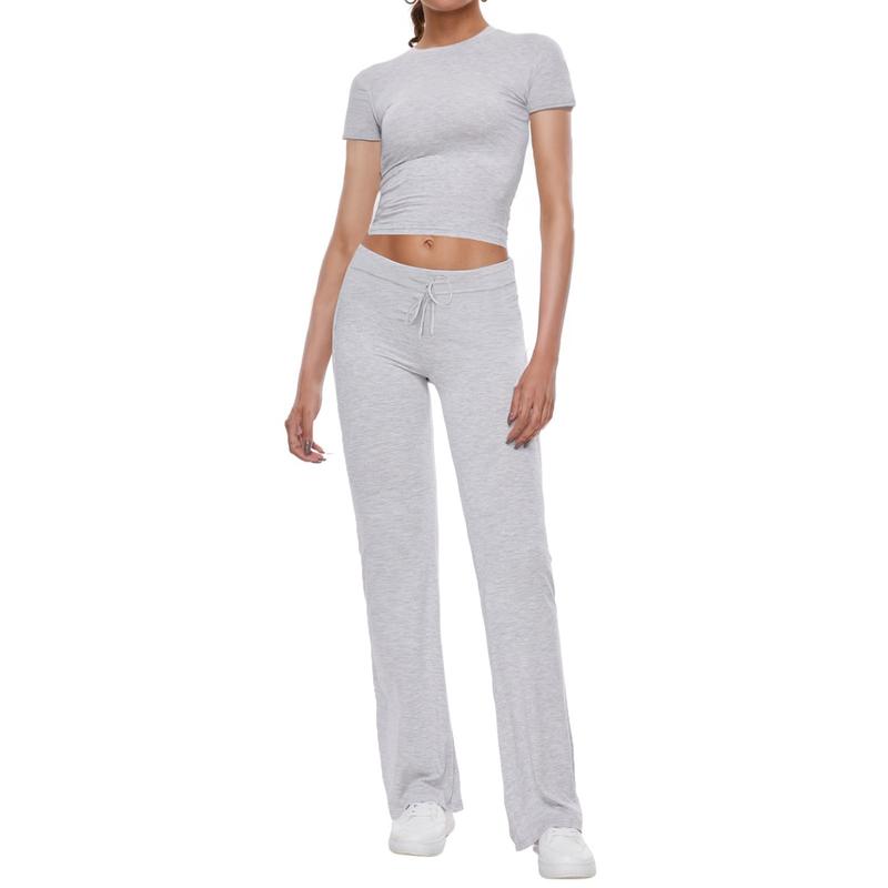 AnotherChill Women's 2 Piece Lounge Sets Straight Leg Pants Set Short Sleeve Crop T-shirt Casual Outfits Comfy Loungewear