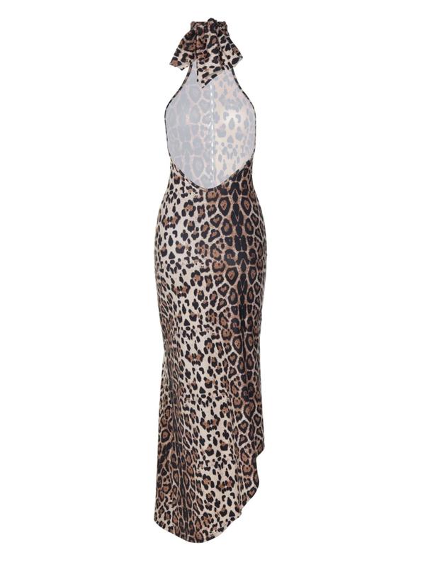 Women's Leopard Print Ruched Backless Bodycon Dress, Fashion Asymmetrical Hem Halter Neck Tie Back Sleeveless Dress for Party Club Dating Wear, Women Dress for Summer,  90s Minimalism  Clothes