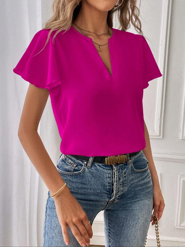 Women's Plain Notched Neck Blouse, Elegant Butterfly Sleeve Top for Summer, Ladies Clothes for Daily Wear