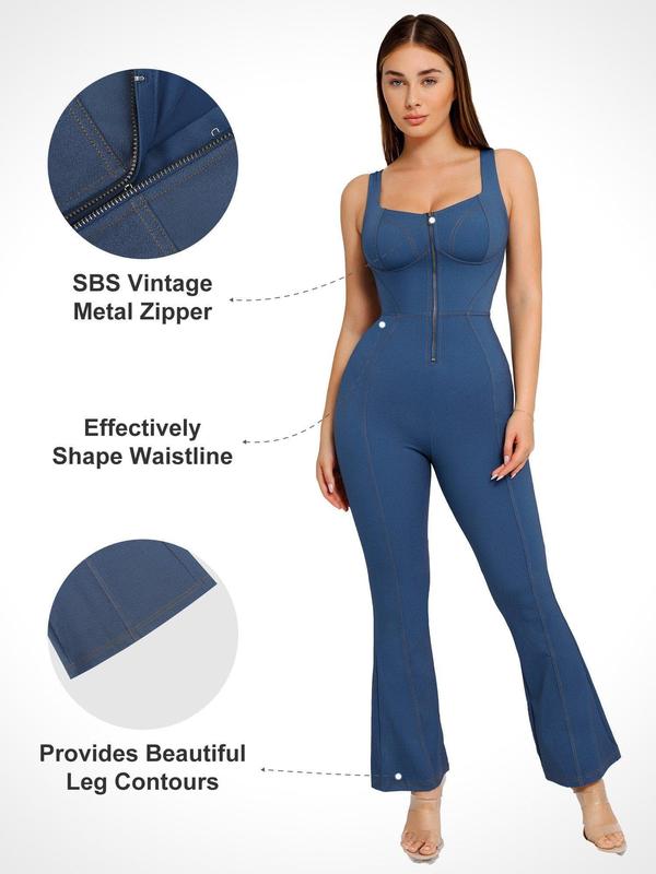Popilush The Shapewear Denim Square Neck Tank Top Flare Jumpsuits Womenswear Comfortable Fabric