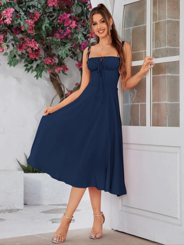 Women's Plain Lace Up Ruched Split Thigh Tie Front Milkmaid Dress, Summer Outfits 2024, Elegant Square Neck Midi Dress for Party Holiday, Dresses for Women, Ladies Summer Clothes Frenchy Style Non Bodycon Dress Christmas, Stockholm Style Black Girl