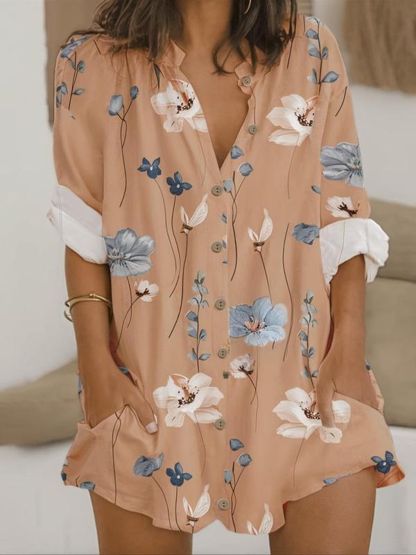  Floral Print Button Front Blouse, Casual Long Sleeve Collared Button Up Shirt for Summer, Fall Clothing Women, Going Out Tops, Shirts for Women, Summer Outfits, Women's Plus Clothing Top for Daily Wear