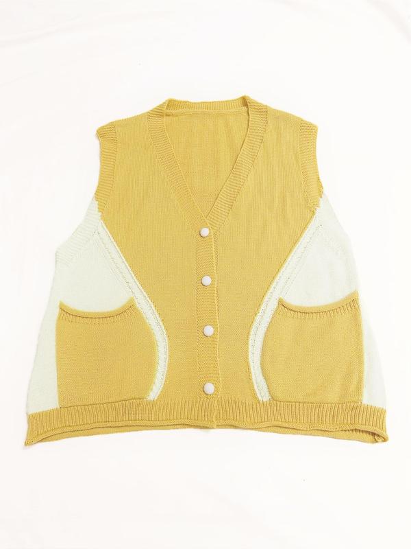 Women's Colorblock Button Front Pocket V Neck Sweater Vest, Casual Sleeveless Knitwear for Daily Wear, Ladies Clothes for All Seasons