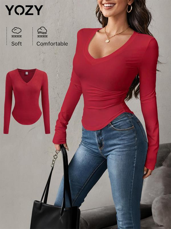 YOZY Women's Plain V Neck Long Sleeve Tee, Casual Solid T-shirt for Spring & Fall, Women's Top for Daily Wear