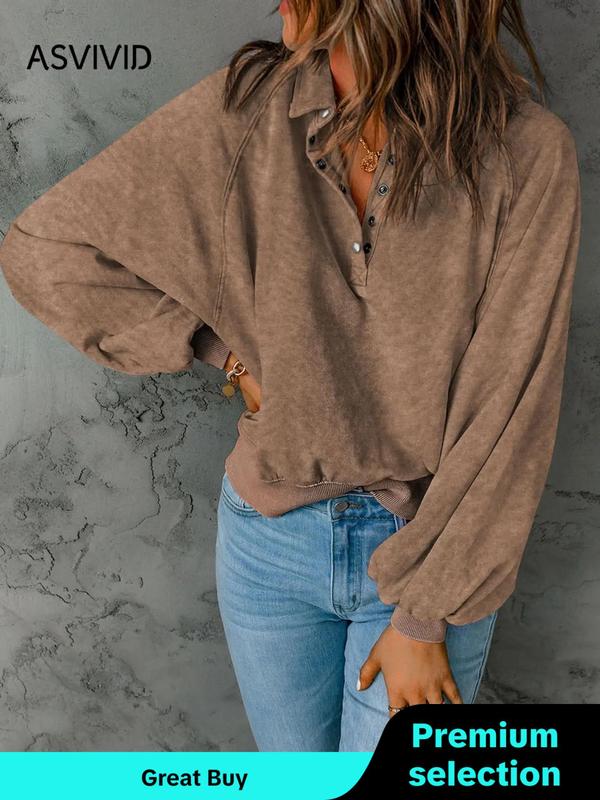 Women's Button Front Raglan Sleeve Sweatshirt, Casual Plain Long Sleeve Collared Pullover, Fall Clothes, Ladies' Clothes for Fall & Winter, Fall Outfits, Fallfreshness, Downtown Girl Clothes