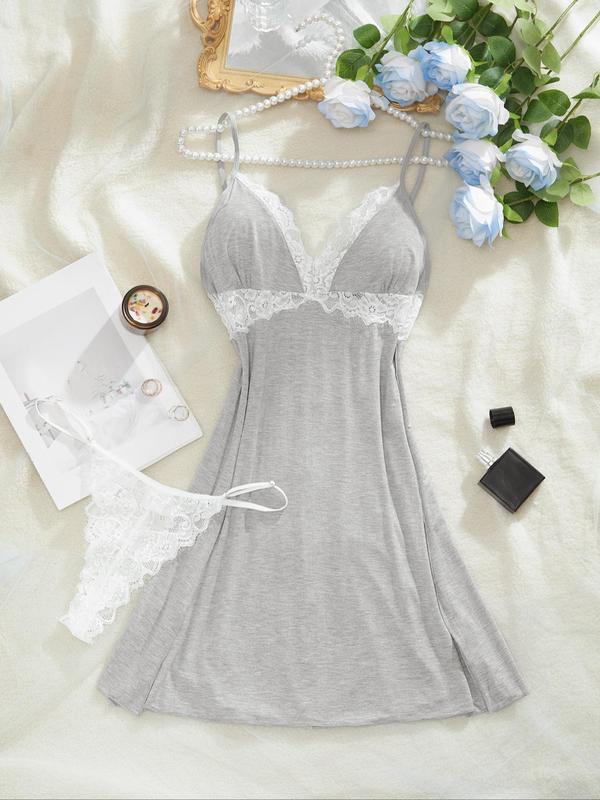  Contrast Lace Cami Nightdress & Sheer Thong, Casual Spaghetti Strap Sleeveless Nightgown for Women, Lounge Dresses for Women, Summer Clothes, Nightwear Sets, Women's Clothing, Women's Sleepwear